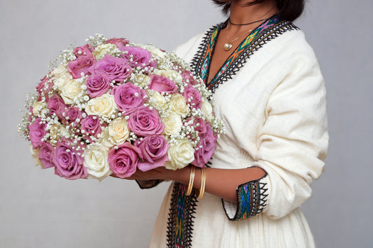 Bouquet Of White + Purple Roses