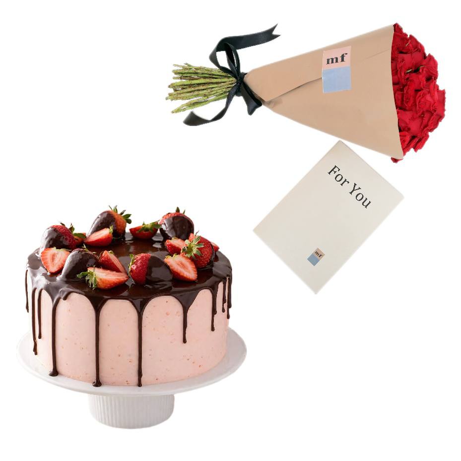 Red Roses + cake + post card + surprise delivery video